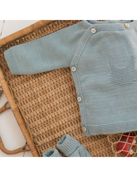 Gilet Brassière Chat 4 boutons en tricot Bleu Vert 100% Coton biologique