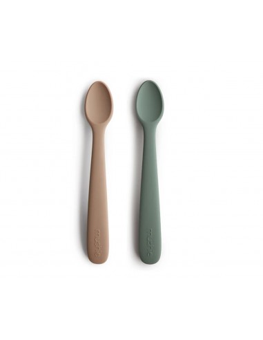 Petites Cuillères Mushie (x2) en silicone souple Beige et Verte