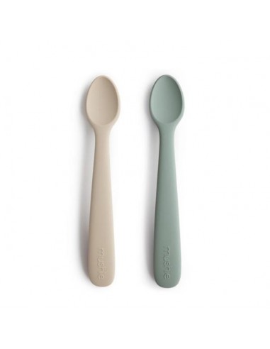 Petites Cuillères Mushie (x2) en silicone souple Vert d'eau et Crème