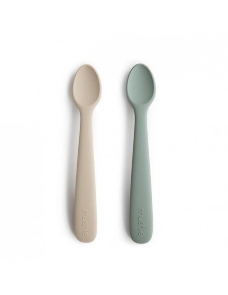 Petites Cuillères Mushie (x2) en silicone souple Vert d'eau et Crème