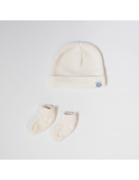 Mini Trousseau naissance Bonnet et chaussons en tricot Ecru