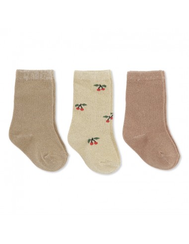 Lot de 3 paires de chaussettes en coton bio Tuscany Beige, Rose et Cerises - lurex