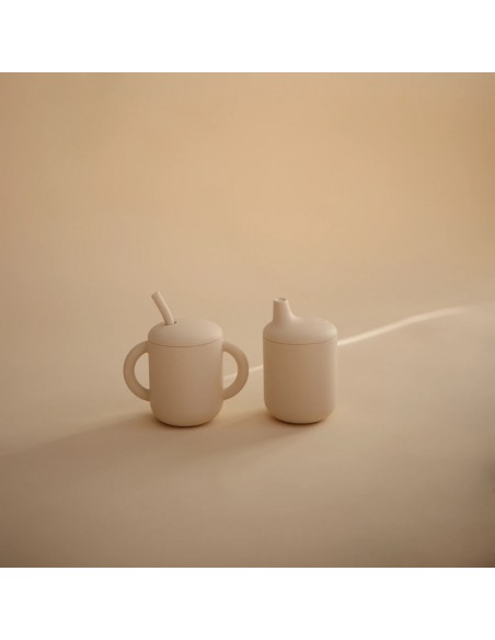 Gobelet d'apprentissage en silicone souple à anses avec paille ivoire