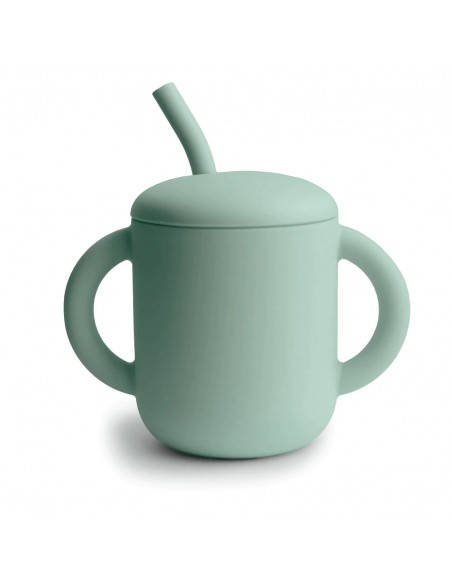Gobelet d'apprentissage en silicone souple à anses avec paille vert