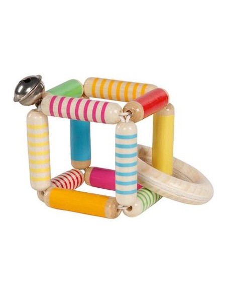 Hochet Cube flexible en bois à grelot Multicolore