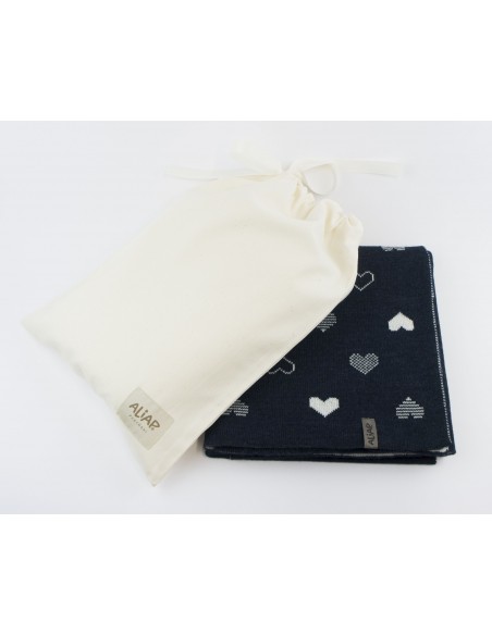 Couverture pour bébé en Laine de Mérinos 75 x 100 Hearts Marine et écrue