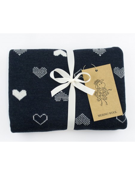Couverture pour bébé en Laine de Mérinos 75 x 100 Hearts Marine et écrue