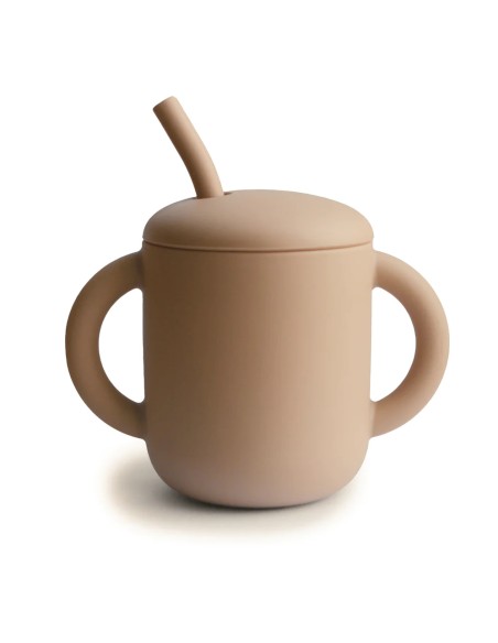 Gobelet d'apprentissage en silicone souple à anses avec paille Beige Natural