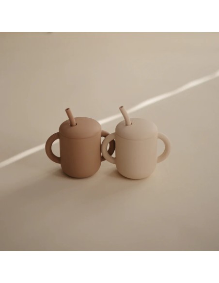 Gobelet d'apprentissage en silicone souple à anses avec paille Beige Natural