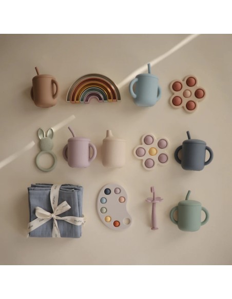 Gobelet d'apprentissage en silicone souple à anses avec paille Bleu Powder