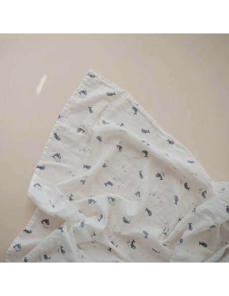 Grand Lange coton bio imprimé Whales Mushie 120x120cm