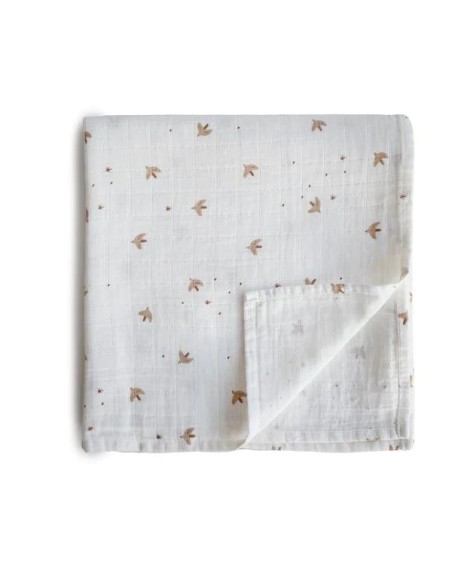 Grand Lange coton bio imprimé Oiseaux Sparrow Mushie 120x120cm