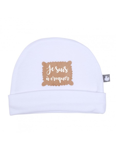 Bonnet de Naissance Blanc "Je Suis à Croquer"