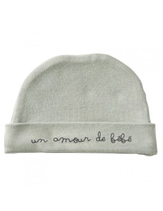 Bonnet de Naissance Vert Gris "Un amour de bébé"