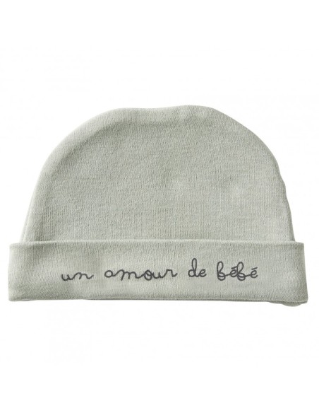 Bonnet de Naissance Vert Gris "Un amour de bébé"