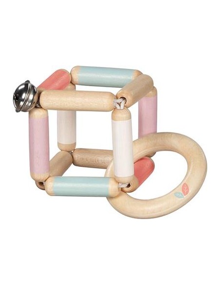 Hochet Cube flexible en bois à grelot Rose