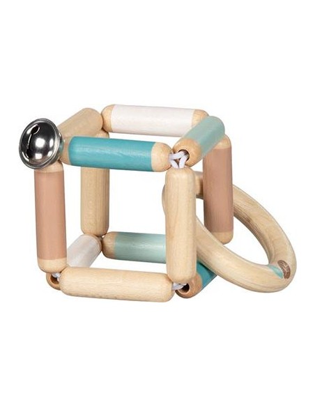 Hochet Cube flexible en bois à grelot Bleu