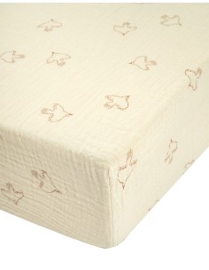 Drap housse Gaze de coton bio Wabi Sabi Brown Hoshi Birds...