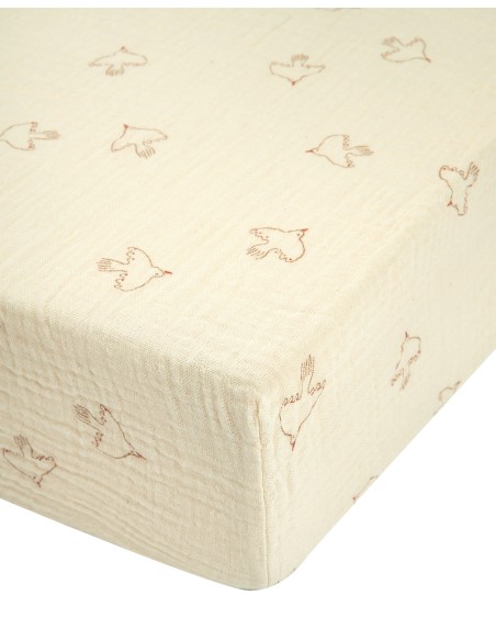 Drap housse Gaze de coton bio Wabi Sabi Brown Hoshi Birds 70x140 cm