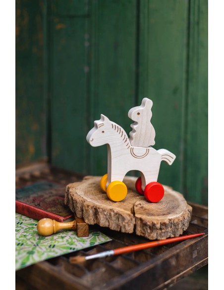 Jouet en bois à pousser Cheval & Lapin