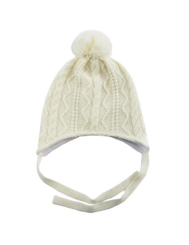 Bonnet Camille Ivoire avec Pompon et lien d'attache en laine de mérinos Blanc cassé 3 - 6 mois