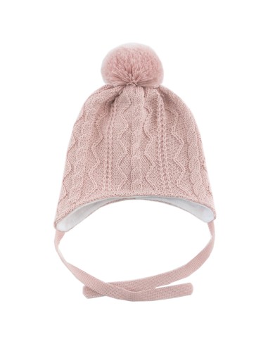 Bonnet Camille Rose avec Pompon et lien d'attache en laine de mérinos