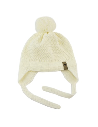 Bonnet Maé Ivoire avec Pompon et lien d'attache...