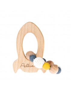 Anneau de dentition fusée en bois et perles Jaune