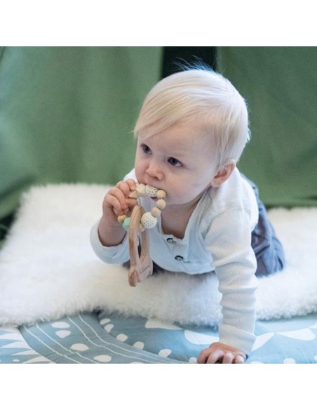 Anneau de dentition fusée en bois et perles Pastel