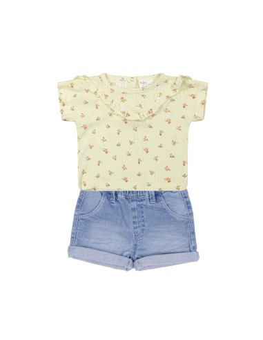 Ensemble T-shirt Vintage Fleurie écru et Short Jean Crème 1 - 2 ans