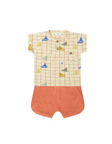 Ensemble T-shirt Bateau et Short en éponge Abricot en Coton Bio