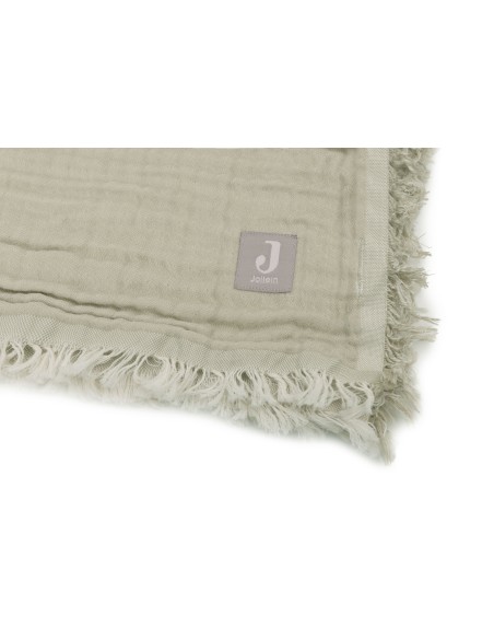 Couverture à franges en mousseline de coton bio Vert Olive 75 x 100 cm