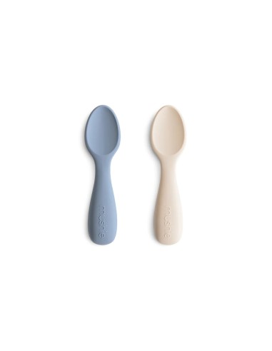 Mini Cuillères d'apprentissage Mushie (x2) en silicone souple Bleu & Sable