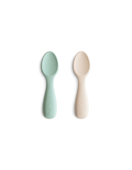 Mini Cuillères d'apprentissage Mushie (x2) en silicone souple Vert & Sable