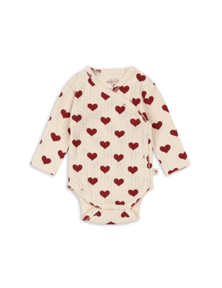 Body croisé à manches longues en coton biologique Jacquard Amour Rouge