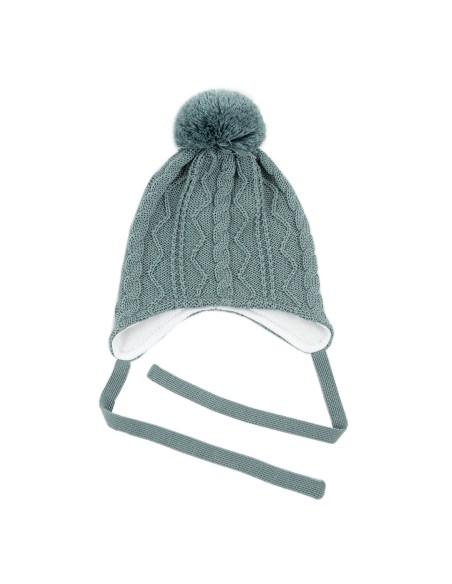 Bonnet Camille Vert avec Pompon et lien d'attache en laine de mérinos