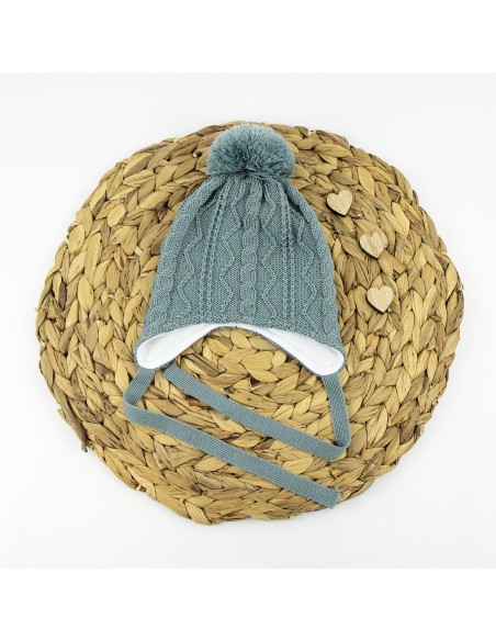 Bonnet Camille Vert avec Pompon et lien d'attache en laine de mérinos