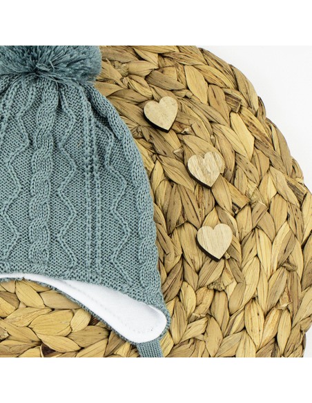 Bonnet Camille Vert avec Pompon et lien d'attache en laine de mérinos