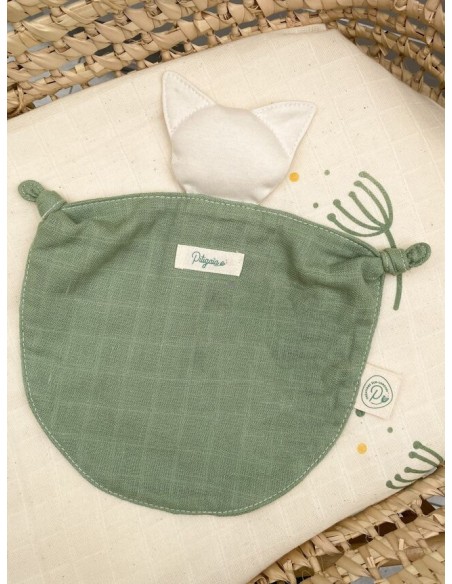Doudou Lange Chat Sauge en Coton Bio - Made in France