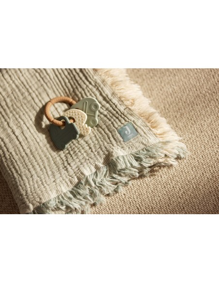 Couverture à franges en Gaze de coton bio Stripe Sea Green 75 x 100 cm