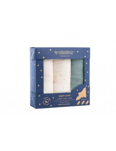 Coffret 3 Langes écru et vert Eden 70x70cm
