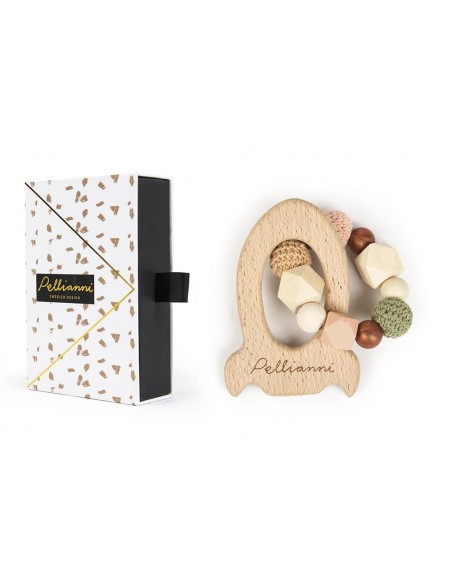 Anneau de dentition fusée en bois, perles coton et silicone Vert, rose et bronze